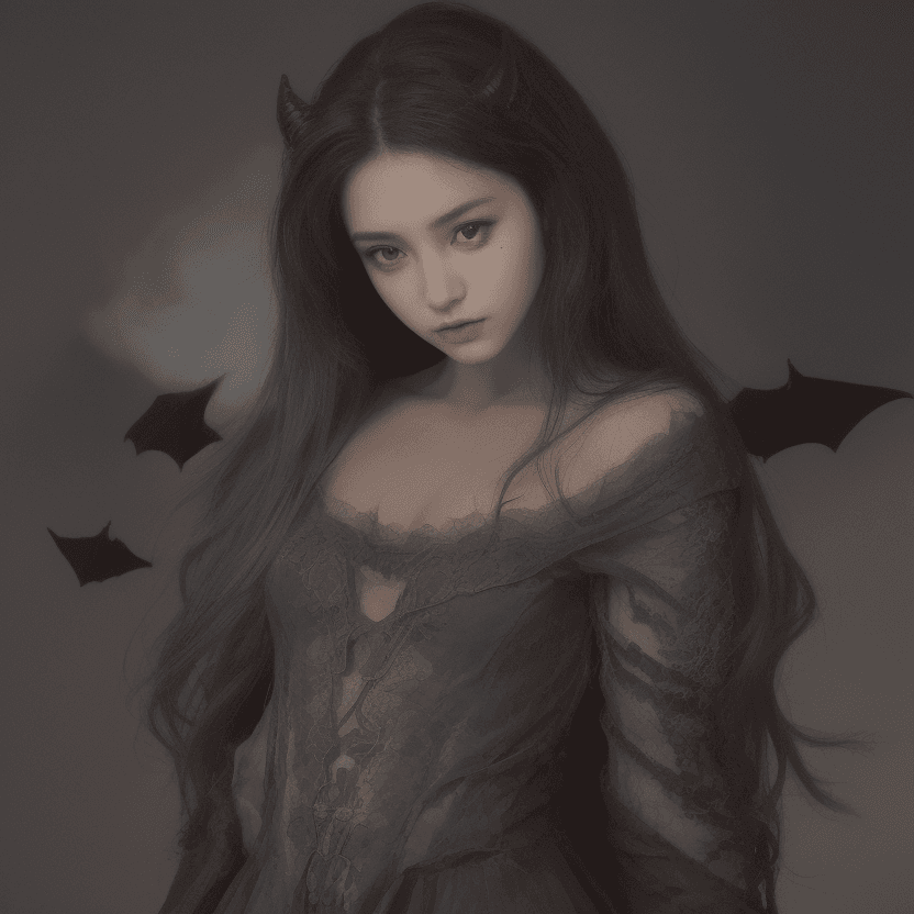 AI generated: a woman with long, dark hair and horns, wearing a brown dress, set against a dark, smoky background ...