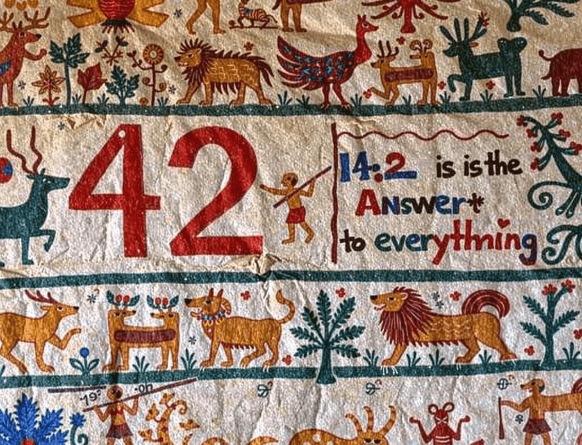 AI generated: A vibrant, detailed Stone Age artwork painted freshly on a rough cave wall. The number â42â is p...