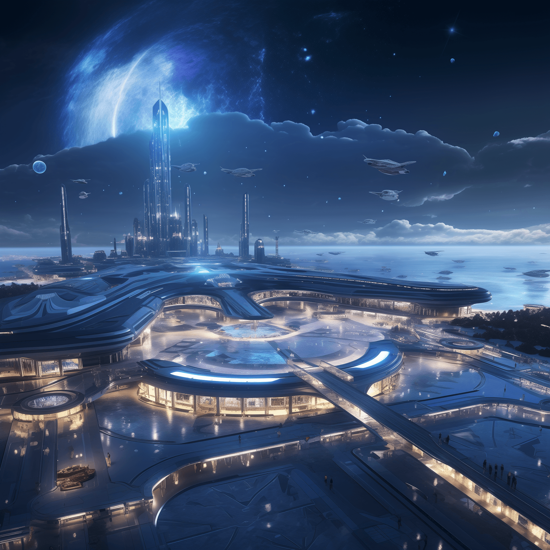 AI generated: A surreal view of the airport seen from the futuristic control tower, There is a futuristic city nea...