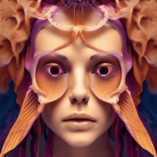 AI generated: Goddess close-up portrait ribcagel. jellyfish phoenix head, nautilus, orchid, skull, betta fish, bio...