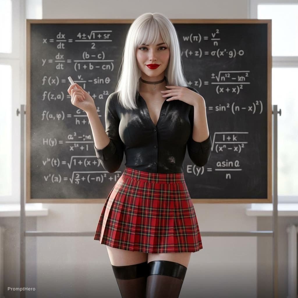 AI generated: Alluring math teacher by the blackboard", "appearance": "Straight white - blonde hair with bangs, po...