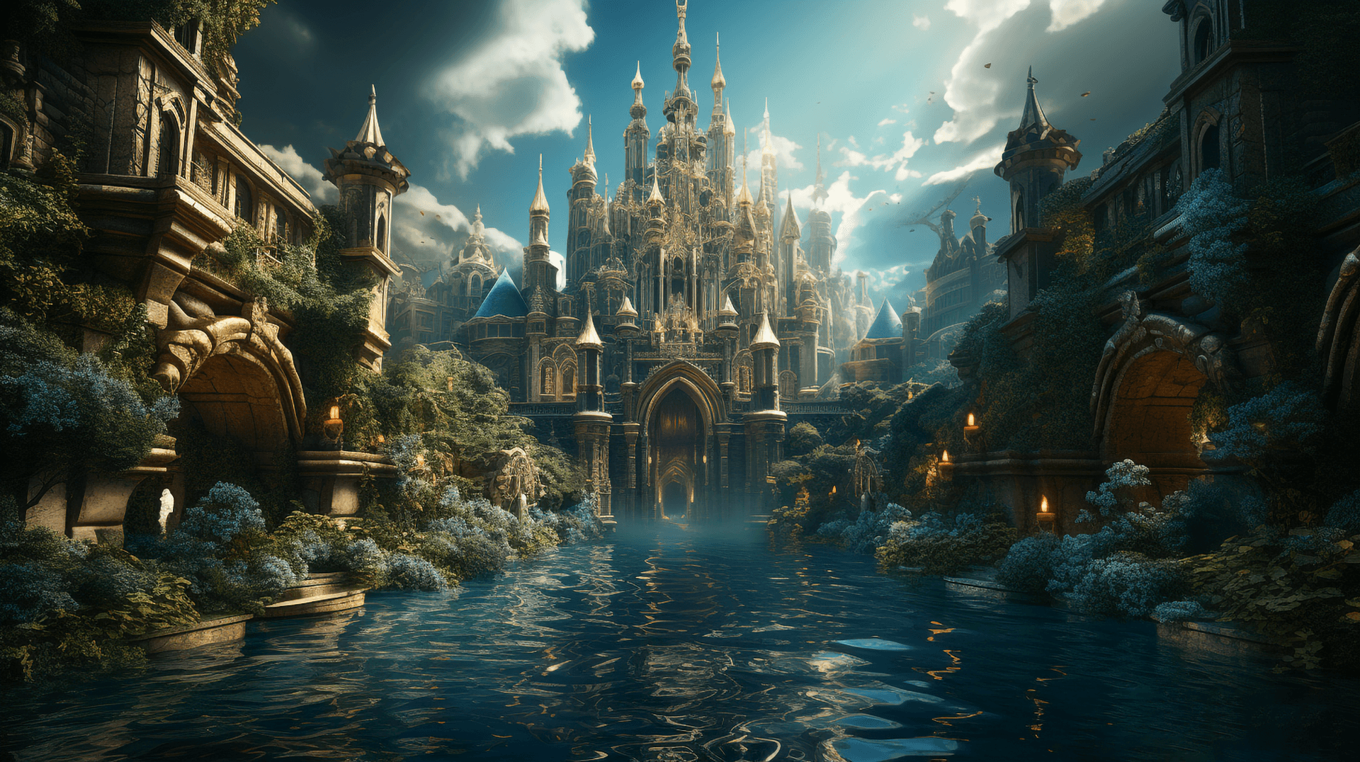 AI generated: fantasy castle from the river i like this hd, in the style of dark cyan and gold, photorealistic com...