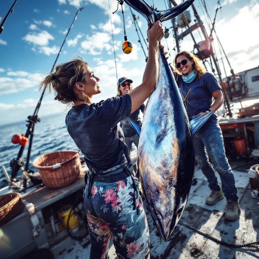 AI generated: A full-length photograph of two female fishermen on a fishing boat with a giant tuna. The giant  tun...
