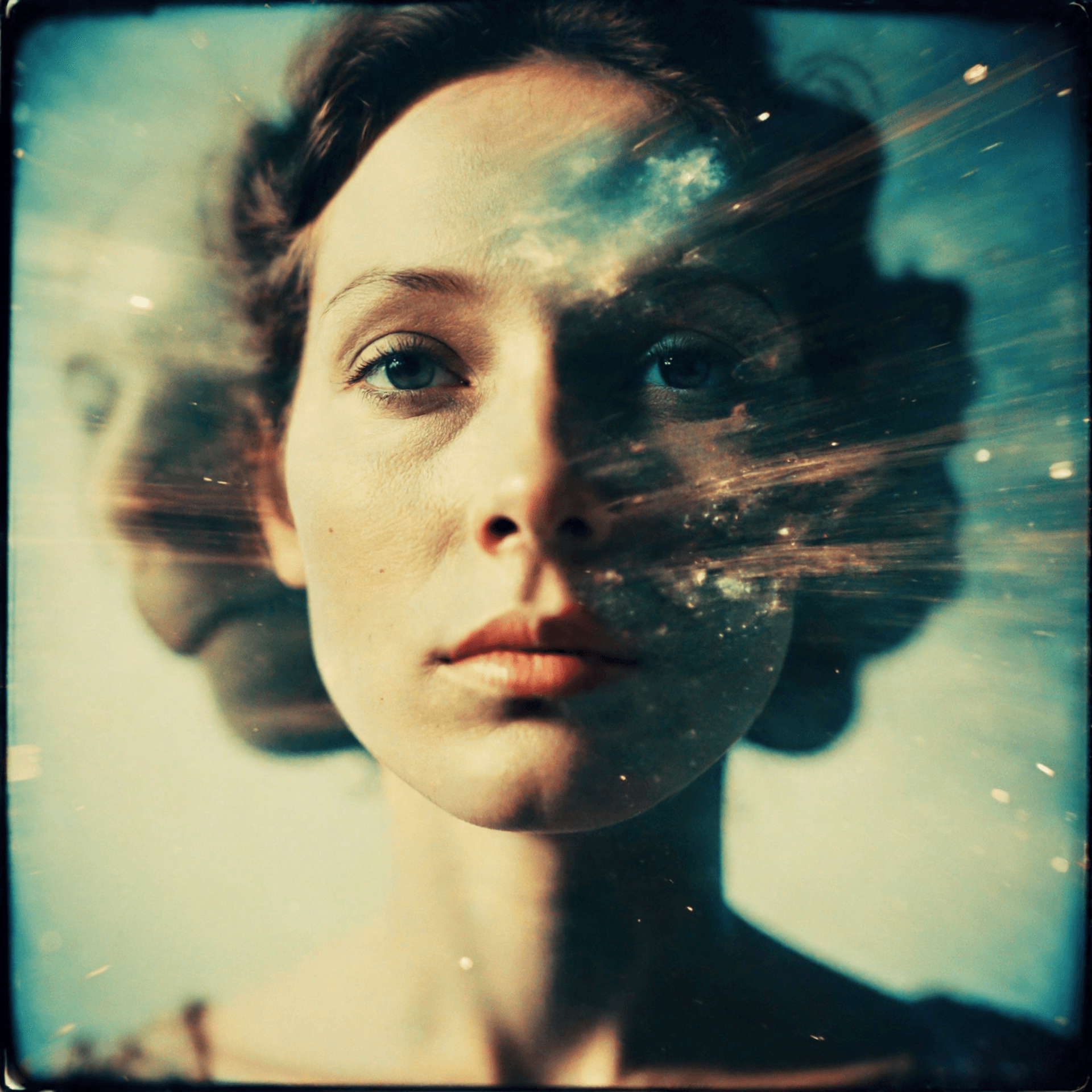 AI generated: KiniaG woman deep space double exposure, surreal artwork, tilt shift lens, pinhole, muted color sche...