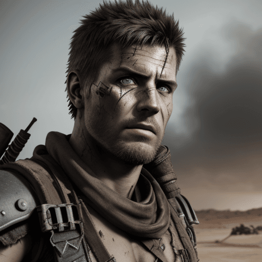 AI generated: Post apocalyptic male warrior, survivor, mad max style, photo realistic, battle background, looking ...
