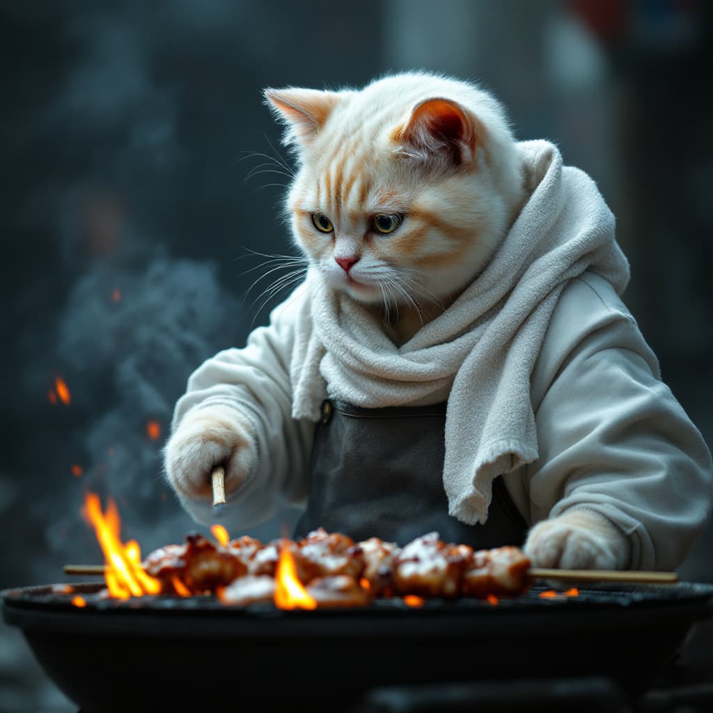 AI generated: Dramatic photo, panorama, full body, anthropomorphic real cute creamy cat, wearing old white sweatsh...