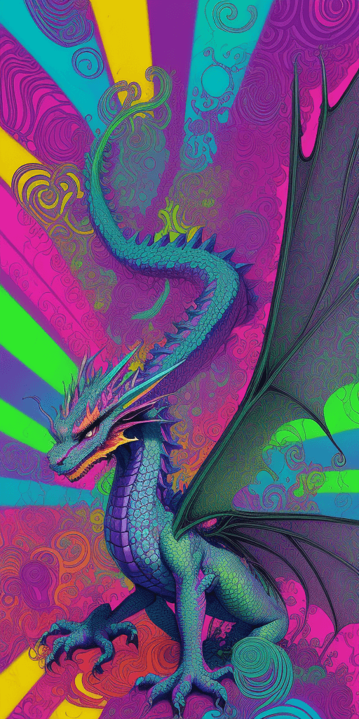 AI generated: A dragon, funky psychedelic illustration, funky hair, colorful, funky rays, acid colors, modern styl...