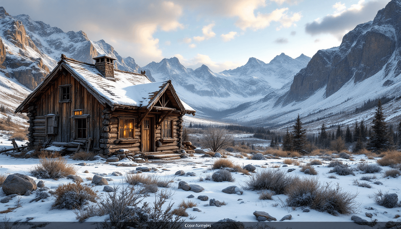 AI generated: Hyper realistic exterior photo of a place old and forgotten in the rocky mountains little prospector...
