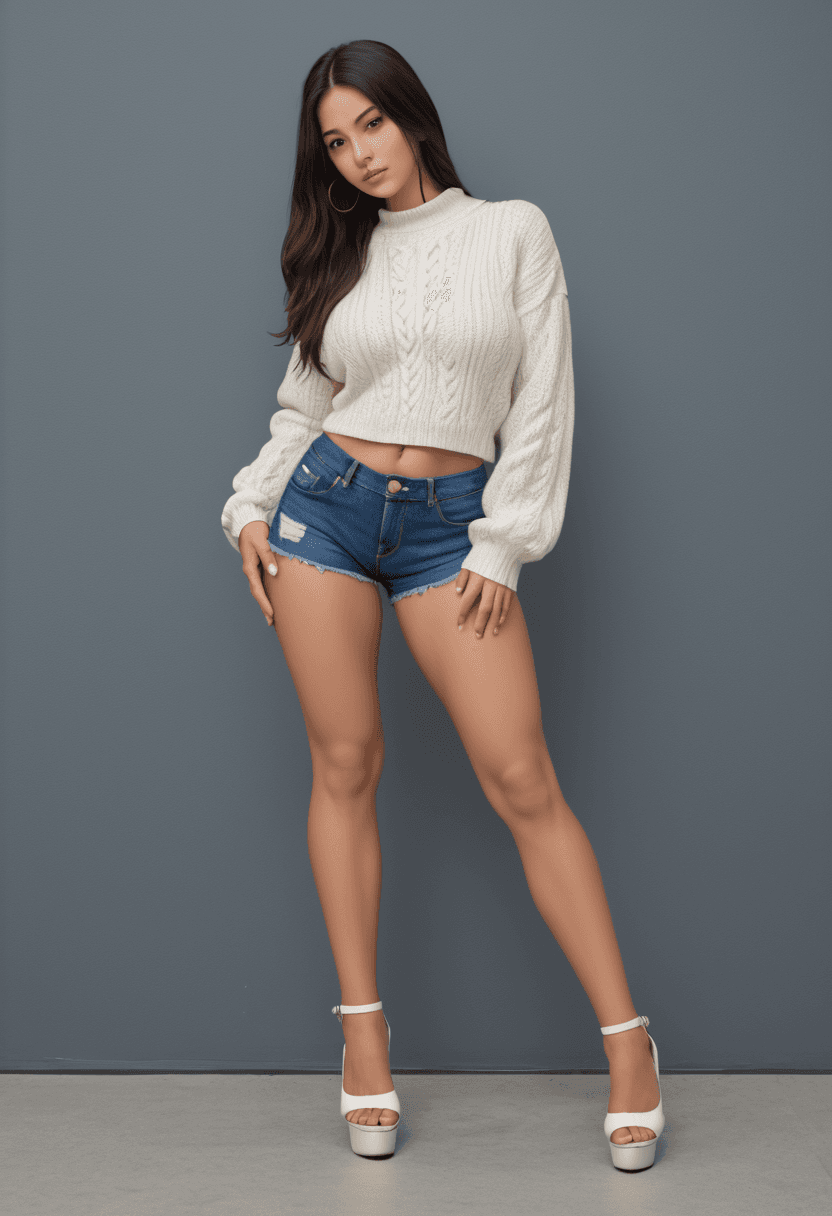 AI generated: Beautiful full-body shot of an Latina woman wearing a low cut sweater and extremely short low rise d...