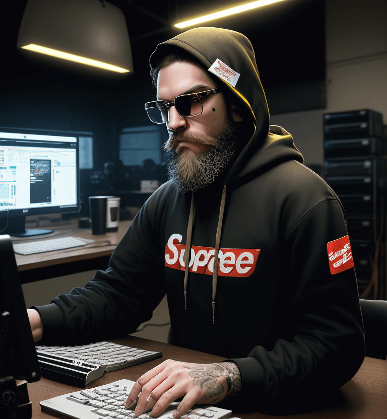 AI generated: hacker, darkroom, coder, computer, man, medium beard, cool, grunge, (typing), ultra detailed and det...