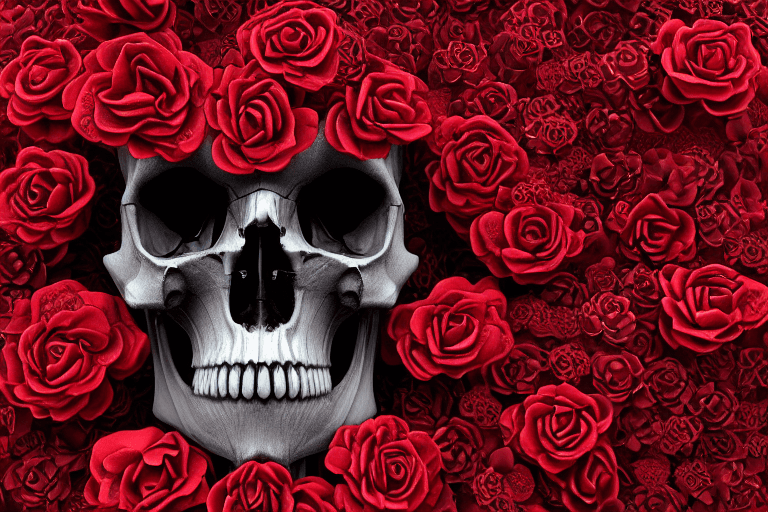 AI generated: skull made of red roses, organic horror, devil,death, giger, epic, baroque, art nouveau, james jean,...