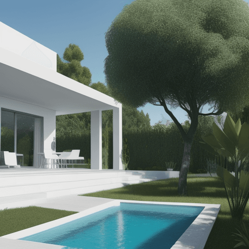 AI generated: un chalet de estilo minimalista la casa blanca, en el terreno hay muchas plantas y arboles, hay una ...