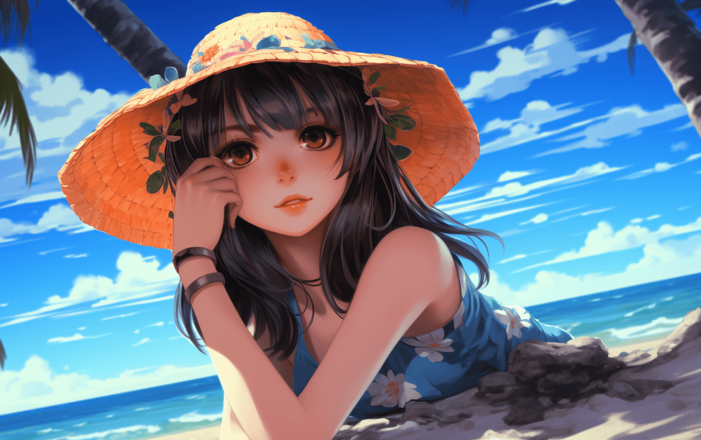 AI generated: A young anime girl sitting on a tropical beach, in the style of photo - realistic landscapes, colorf...