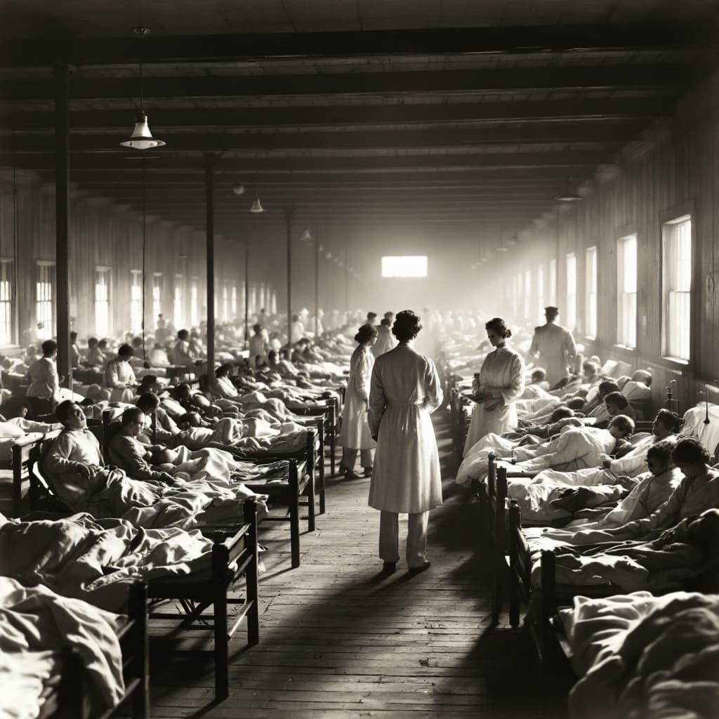 AI generated: Historical scene of a large 1918 influenza pandemic hospital ward, a vast wooden hall with rows of s...