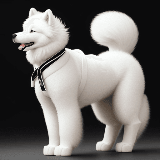 AI generated: samoyed dog standing on his 2 back legs wearing a white judogi and a black belt on a black backgroun...