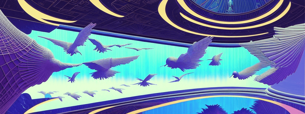 AI generated: a 3d detailed painting inspired by moebius of a 4d mirror cabinet. flying birds, inspired by technol...
