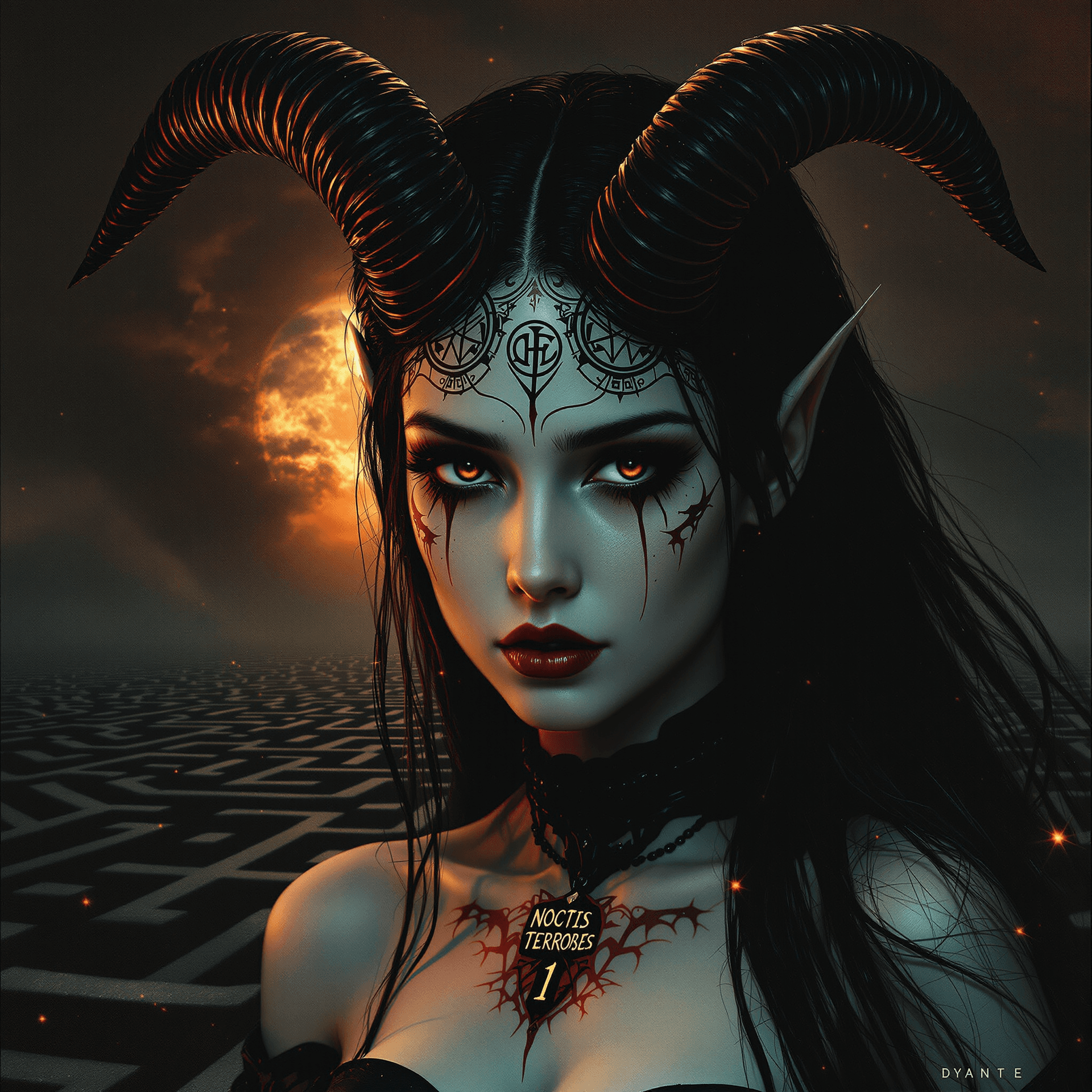 AI generated: A record-album cover, fantasy art: A powerful yet vulnerable female demon, reminiscent of Beksiński'...