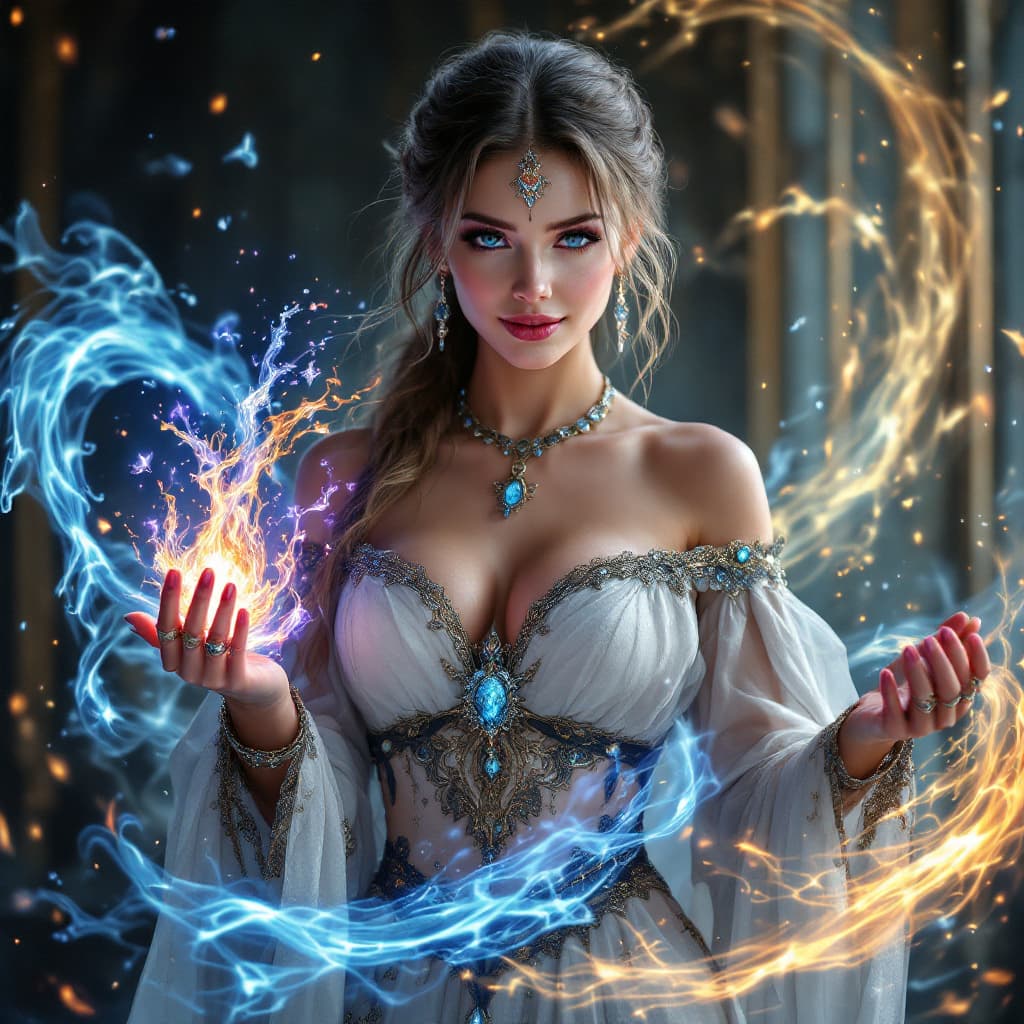 AI generated: A stunning slim female wizard stands poised in a magical dark fantasy realm, casting a mesmerizing s...