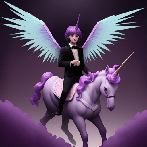 AI generated: A very young dark serial killer with five feet tall riding in a colorful big tall unicorn that have ...