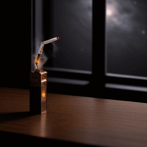 AI generated: A cigarette holder on a wooden table from a close-up view of the dark space lit by light from the wi...
