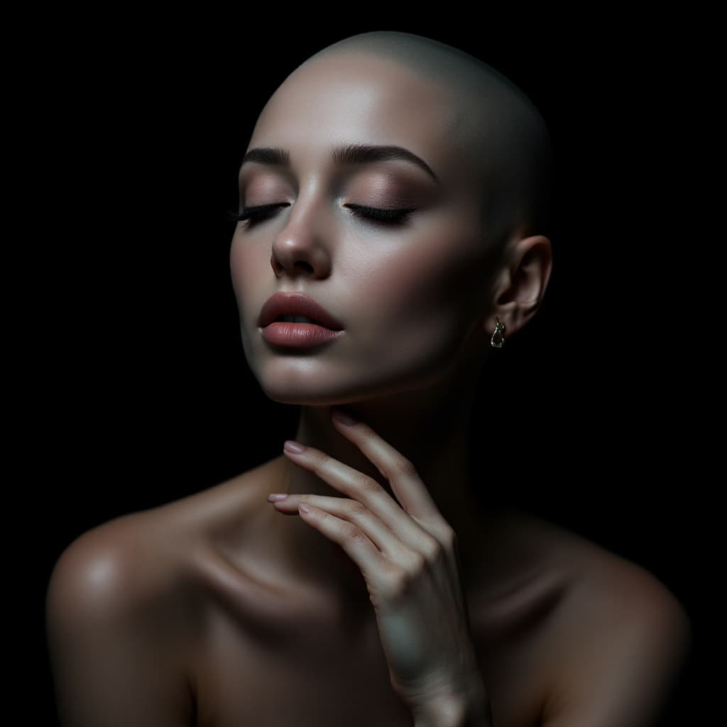 AI generated: Portrait of a bald Caucasian woman with delicate features, soft matte skin and subtle makeup, wearin...