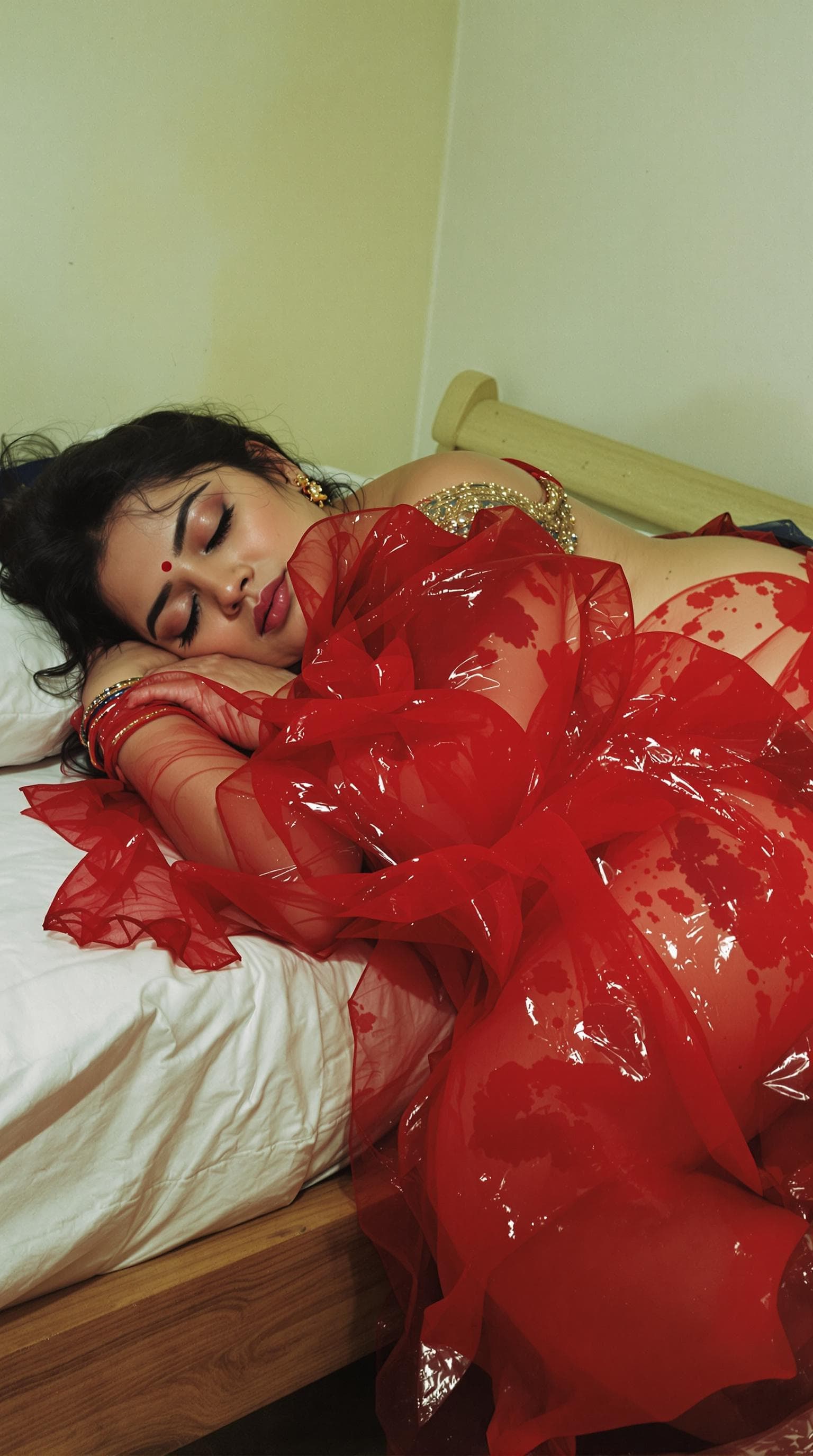 AI generated: Transparent Red wet oily saree Indian woman, without blouse and undergarments, tight, sleeping on ed...