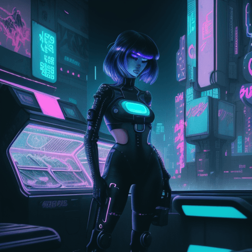 AI generated: girl of the future using a food vendor machine, futuristic design, electronic artwork, manga charact...