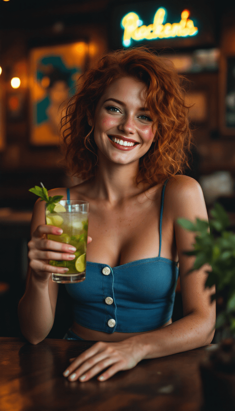 AI generated: A beautiful redhead woman with freckles and curly hair sits at a dimly lit pub bar, holding a Mojito...