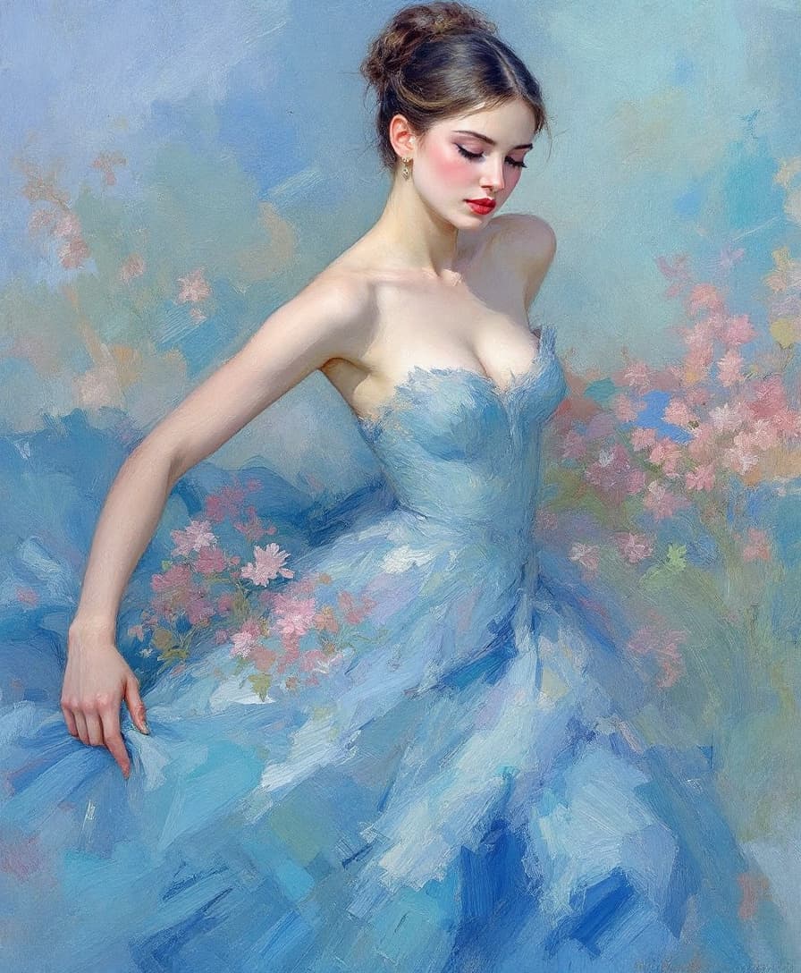 AI generated: impressionist painting of a woman wearing a blue dress, in the style of Monet, graceful, disintegrat...