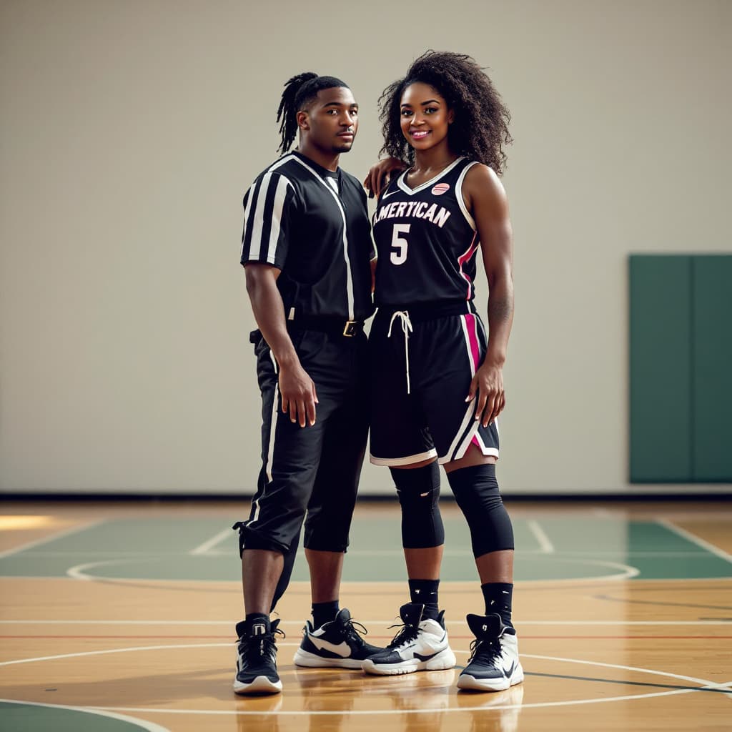 AI generated: generate a 8 ft tall female black american Basket ball player standing beside a 4 ft tall referee po...
