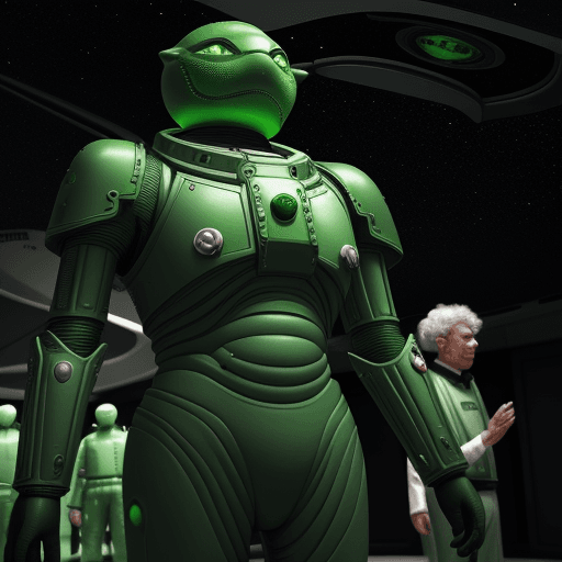 AI generated: green men against the background of the universal ship that crashes, space, a caring mother

