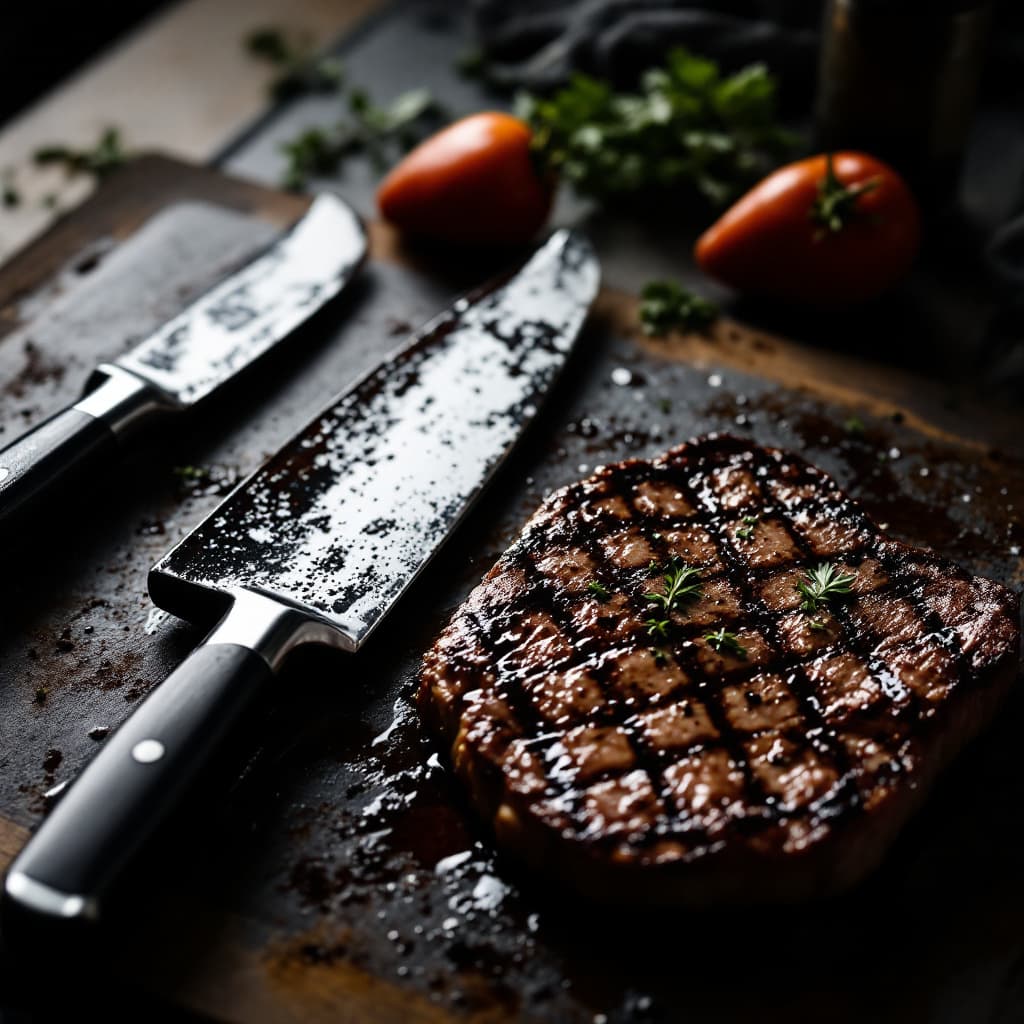 AI generated: Darker photography of different sizes clean steak knives on big wooden cutting board with nicely gri...