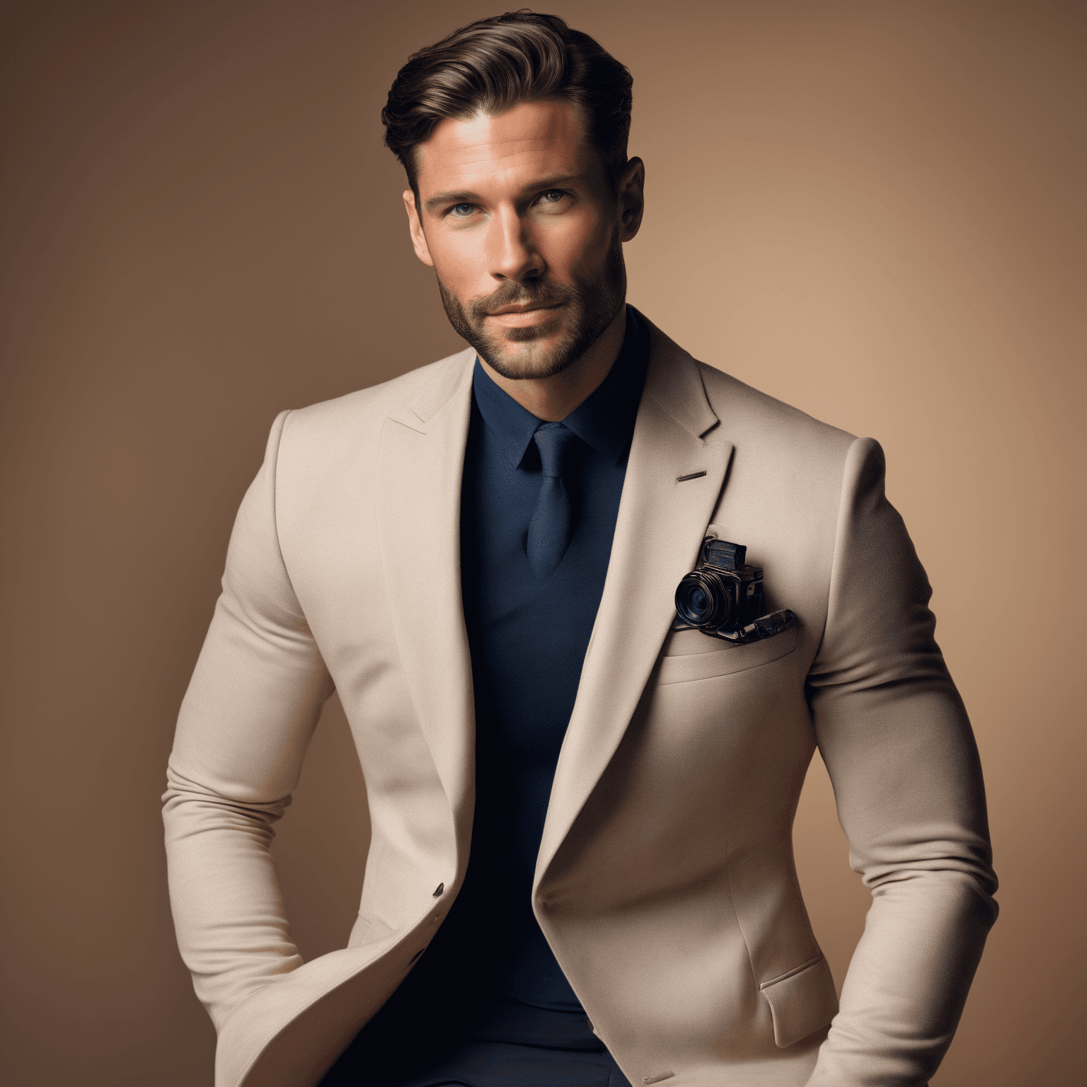 AI generated: A dashing 33-year-old with refined features and a sophisticated demeanor poses against a timeless ba...