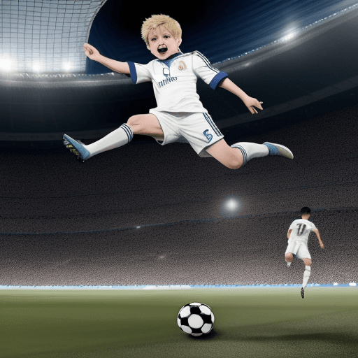 AI generated: Photo I want a soccer player of a 9-year-old boy, blond, who is doing a Chilean, jumping backwards i...