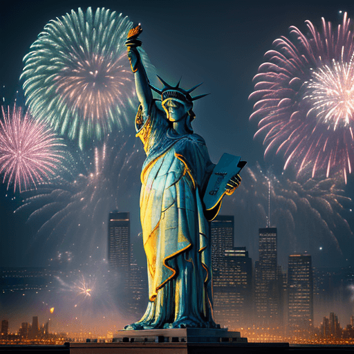 AI generated: (masterpiece, digital illustration, best quality:1. 5), a woman dressed up as statue of liberty, fir...