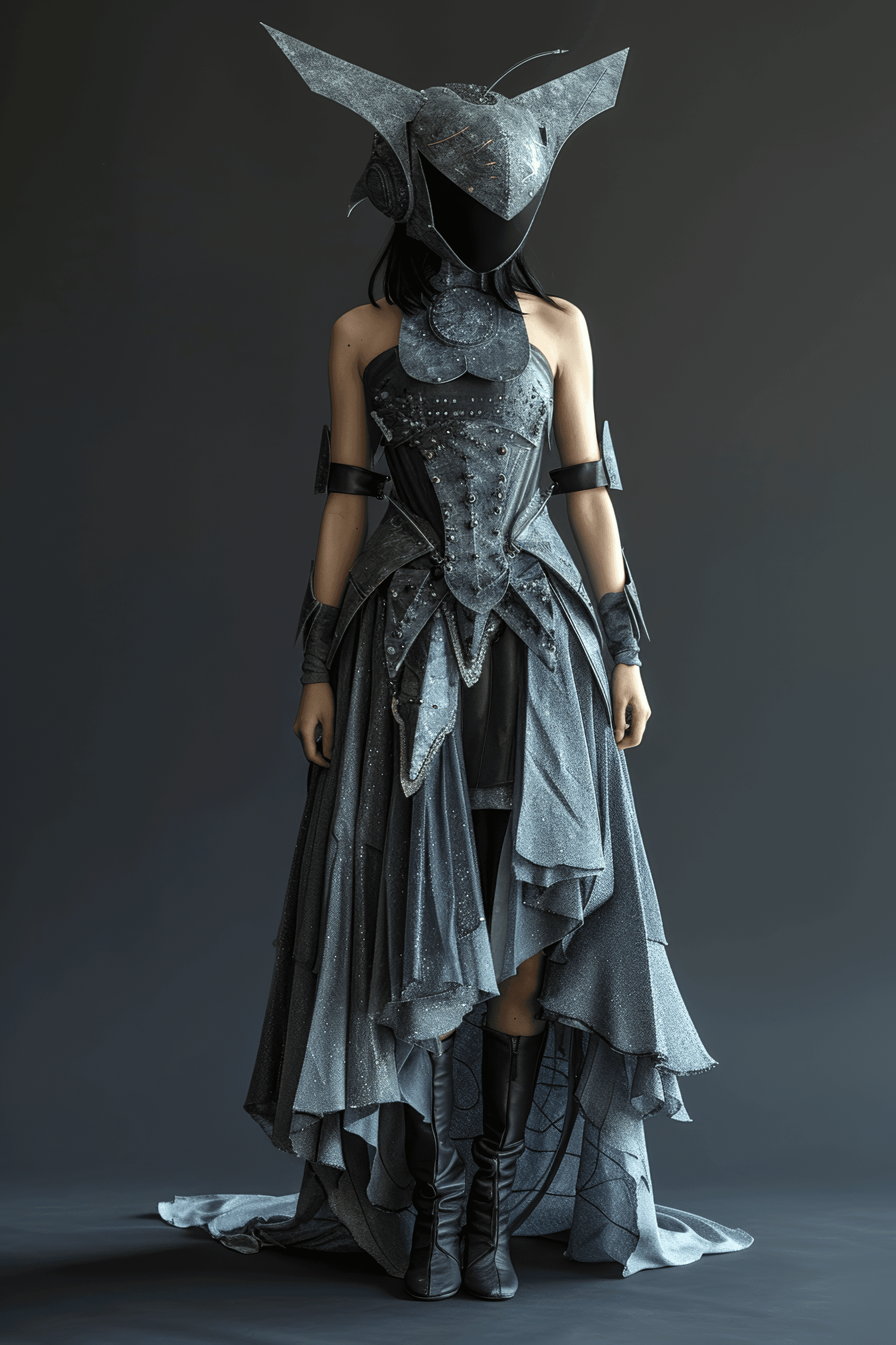 AI generated: A model wearing an avant-garde dress with a futuristic helmet, standing in front of a dark grey back...