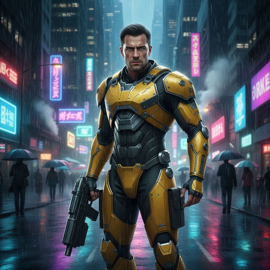 AI generated: A man in a futuristic yellow armored suit, without helmet and holding a gun stands in a rainy city s...