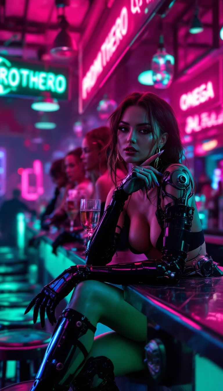 AI generated: Several beautiful women are sitting at the counter of a futuristic cyberpunk bar, wearing stylish cl...
