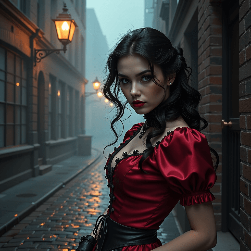 AI generated: A Victorian Femme Fatale in a gaslamp-lit, fog-bound alleyway, cobblestones slick with rain. She's a...