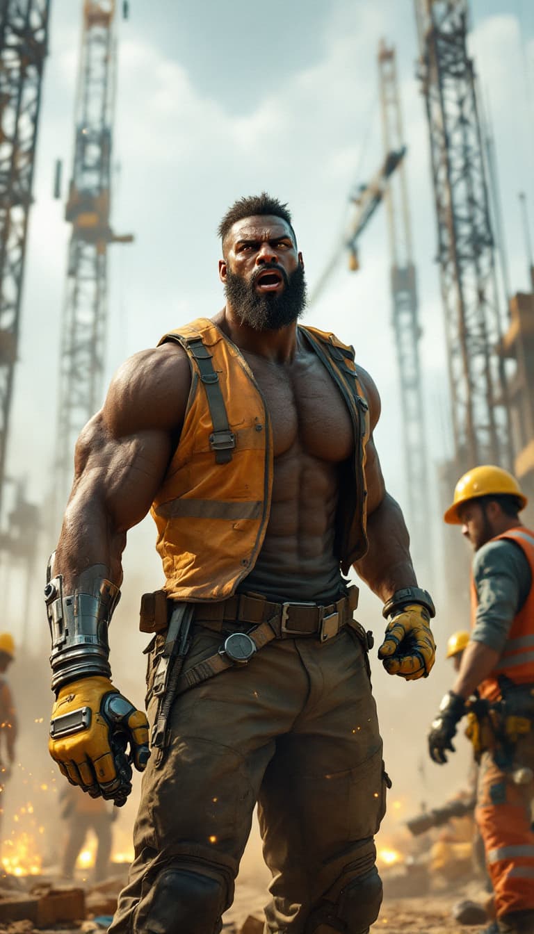 AI generated: A photorealistic candid shot of a towering, muscular man with dark skin, a thick stubble, and an int...