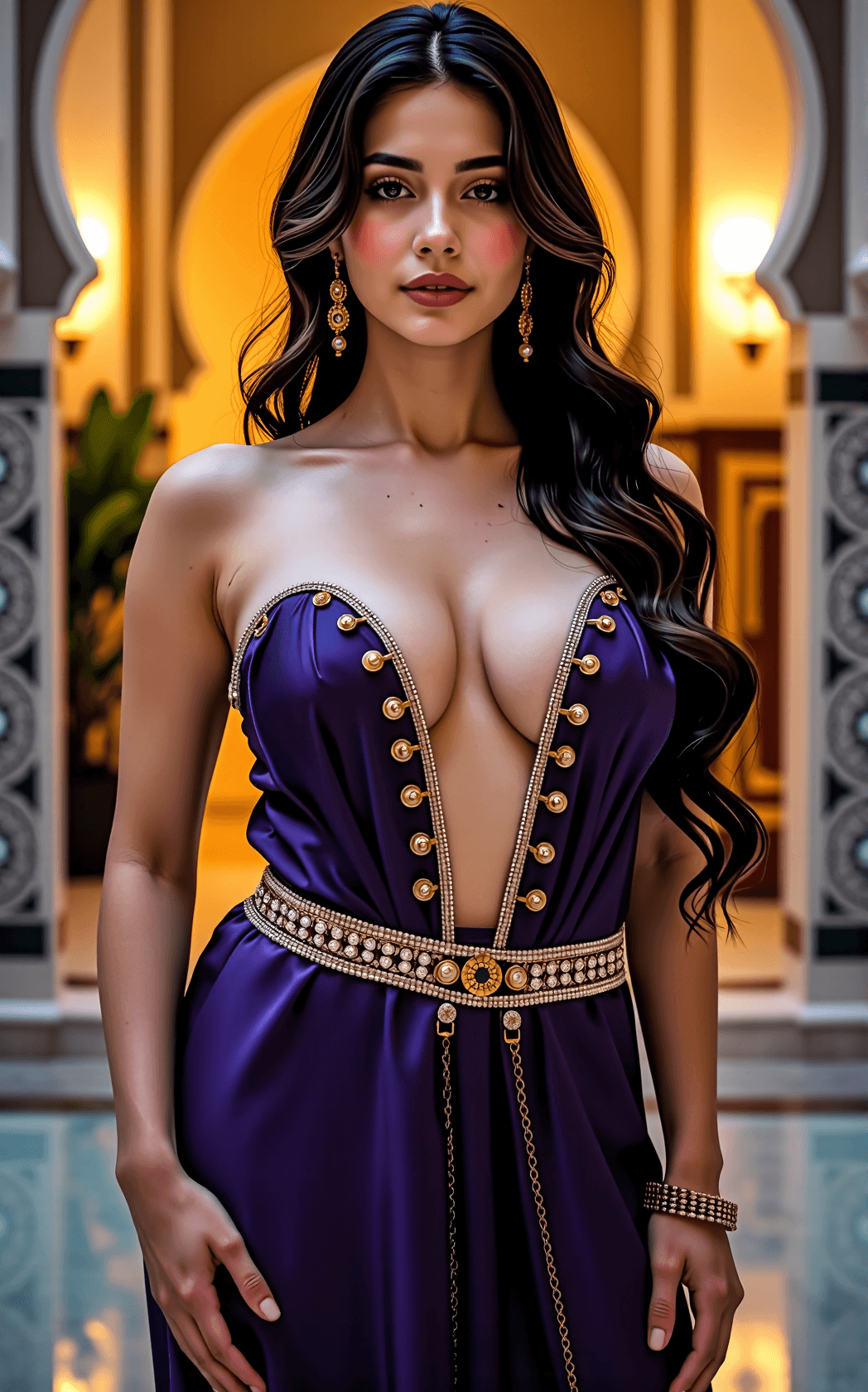 AI generated: A voluptuous hourglass young woman stands poised as a Moroccan palace enchantress. Long raven hair f...