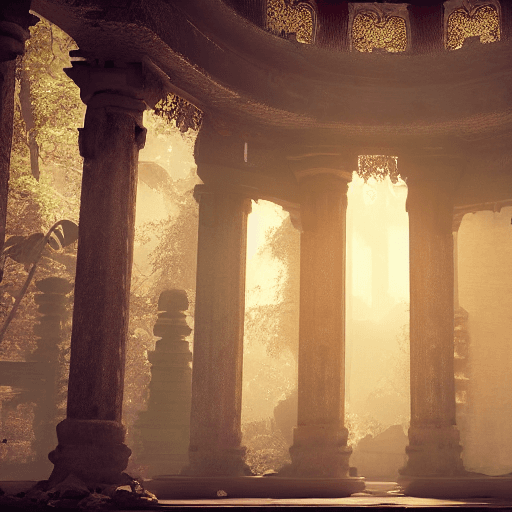 AI generated: temple in ruines, forest, stairs, columns, cinematic, detailed, atmospheric, epic, concept art, Matt...