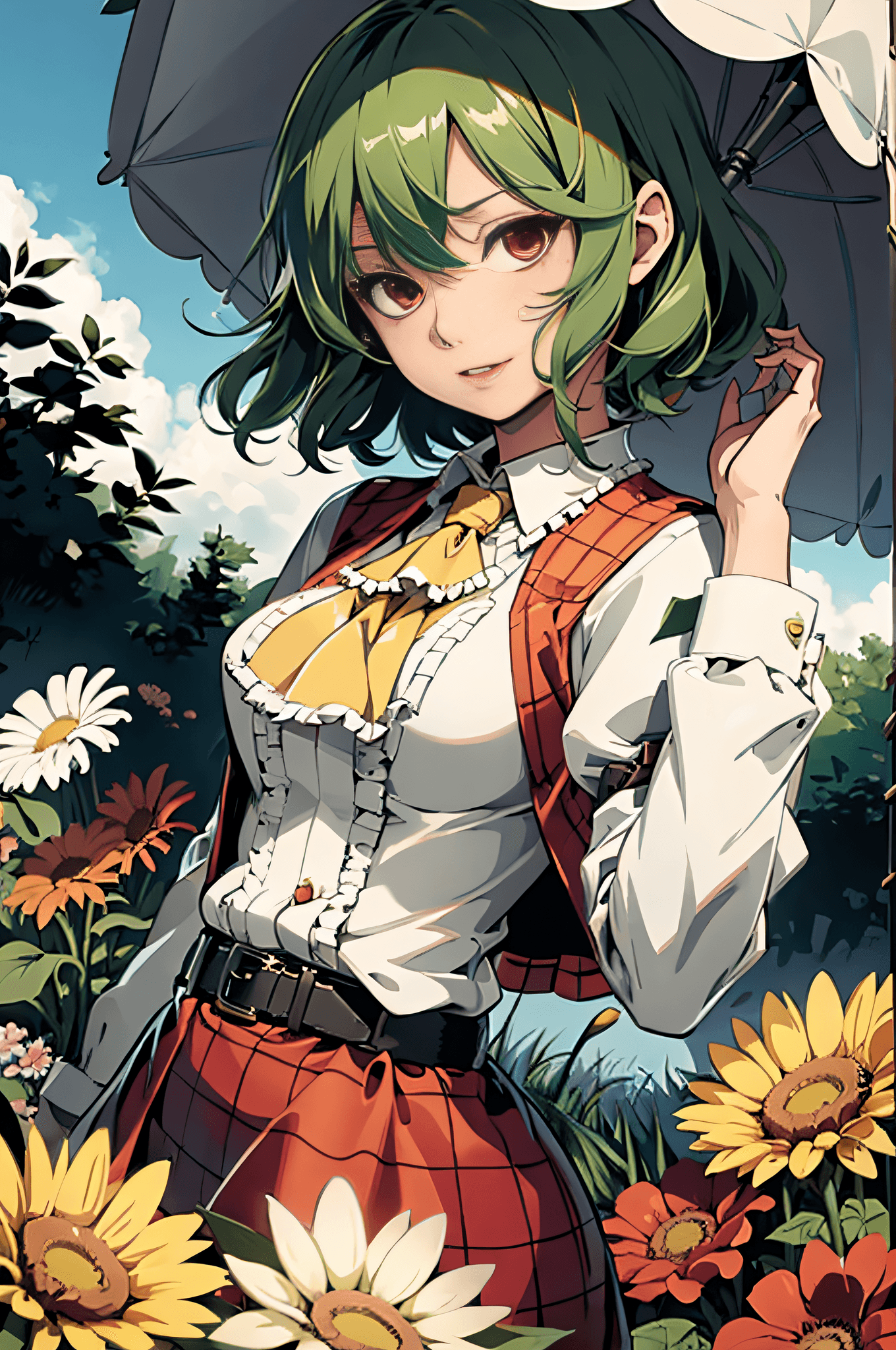 AI generated: masterpiece, best quality, 1girl,green hair,ascot, kazami yuuka, umbrella,hair flower, flower