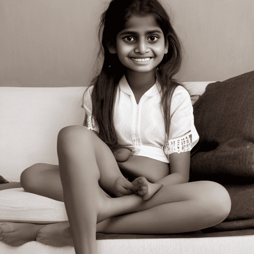 AI generated: image of a young indian girl, sitting on a sofa, legs slightly open, white underwear
