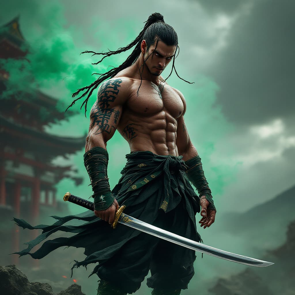 AI generated: samurai, epic professional photo fullbody, shoot, standing, tatto, muscular, katanawith kanji, green...