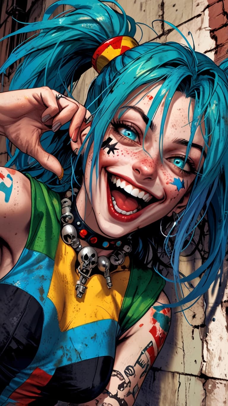 AI generated: A female jester with blue hair, wearing with a flag patterns, laughing heartily while showing off sh...