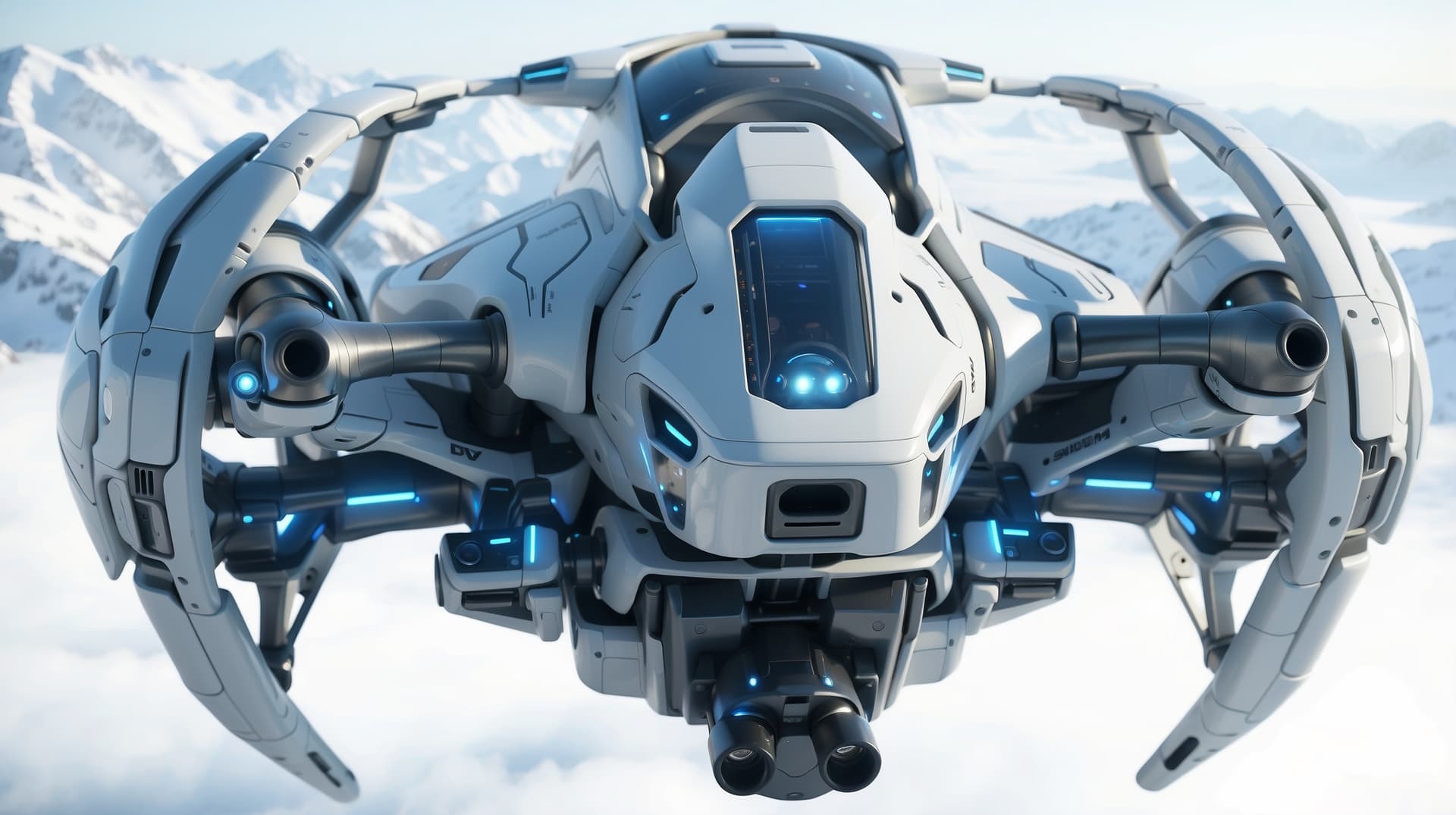 AI generated: Futuristic Concept Battle Drone with Star Wars features and white with metallic blue and black detai...