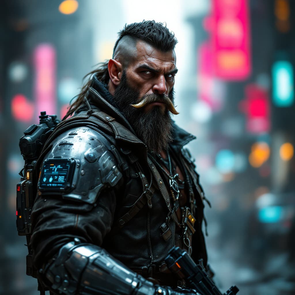 AI generated: Photo of a shadowrun character portrait of a male ork, with tusks, caucasian. Rugged face. Military ...
