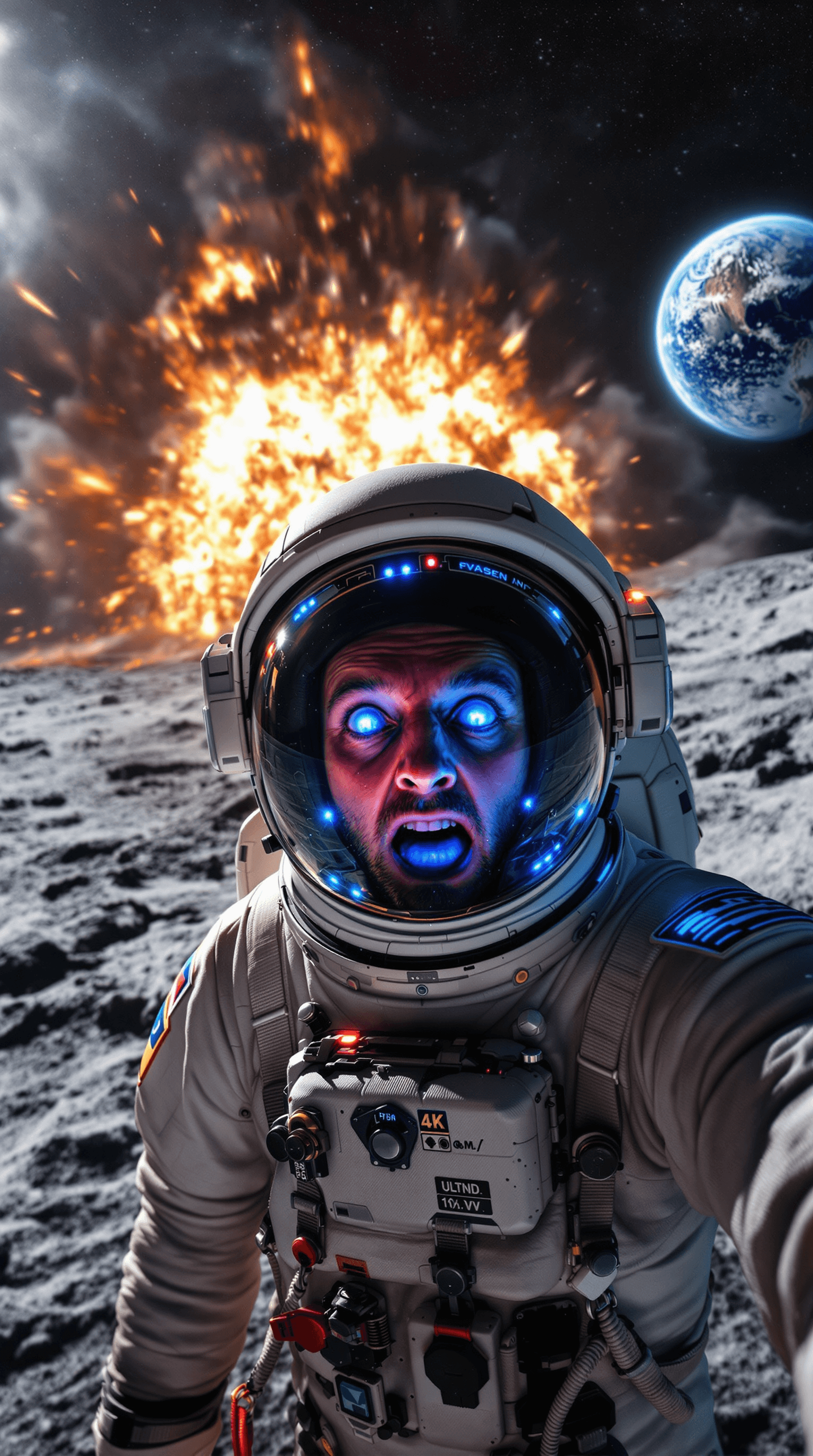 AI generated: An astronaut taking a epic selfie on the moon, in the distance you can see the earth in the back gro...