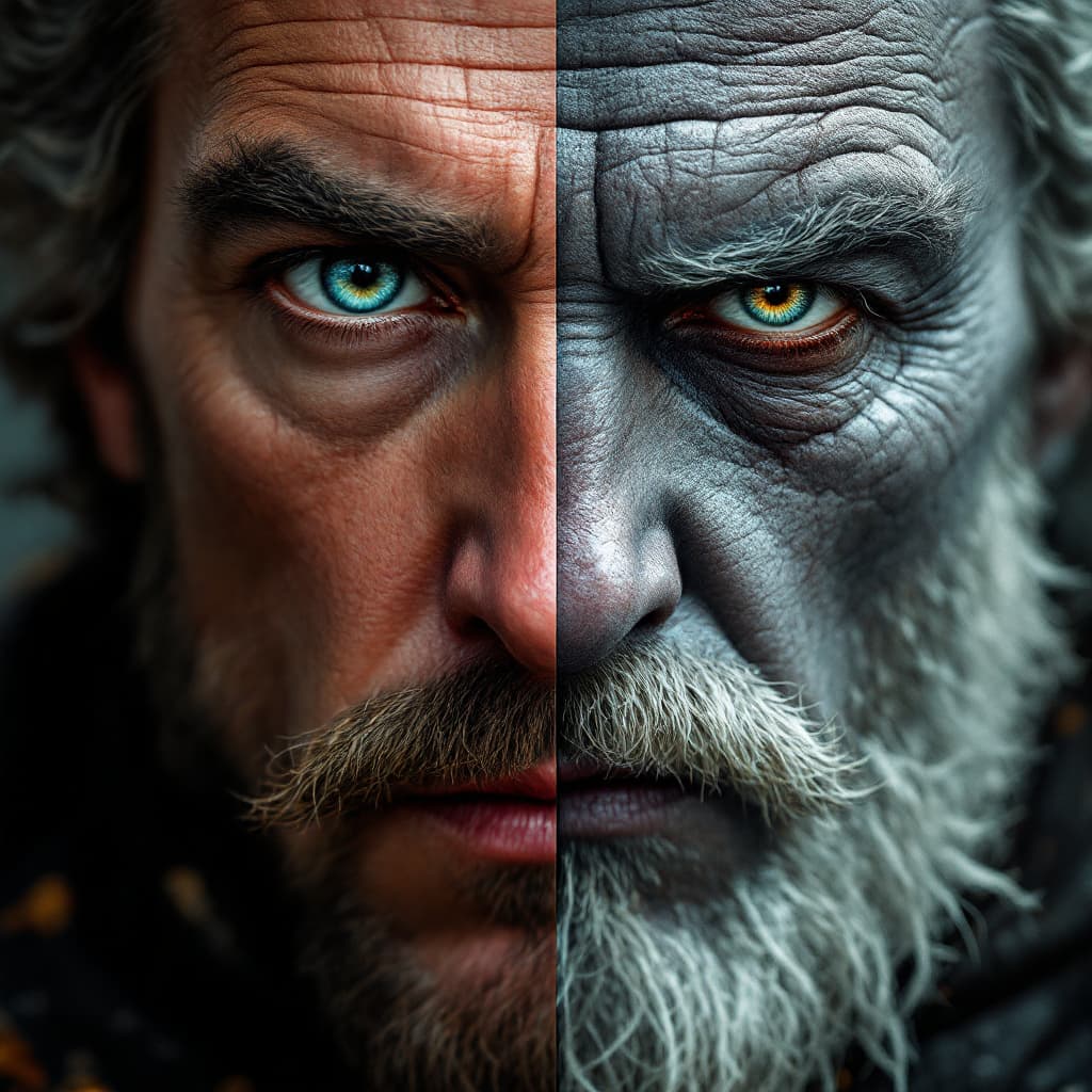 AI generated: A split image of a historical figure with contrasting labels of “hero” and “villain.” dslr, ultra qu...